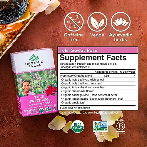 Organic India Tulsi Sweet Rose Herbal Tea - 18 Infusion Bags, Caffeine-Free, Stress-Relief, Soothing Floral Blend (Sweet Rose / 1 Pack)