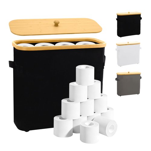 MinBoo Toilet Paper Basket, Storage with Lid, Toilet Paper Organizer for Bathroom, Free Standing Toilet Paper Holder with Storage,Black