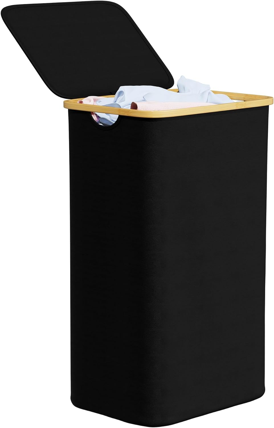 SpaceAid Laundry Hamper - 110L Tall Collapsible Basket with Lid & Bamboo Handles | Black