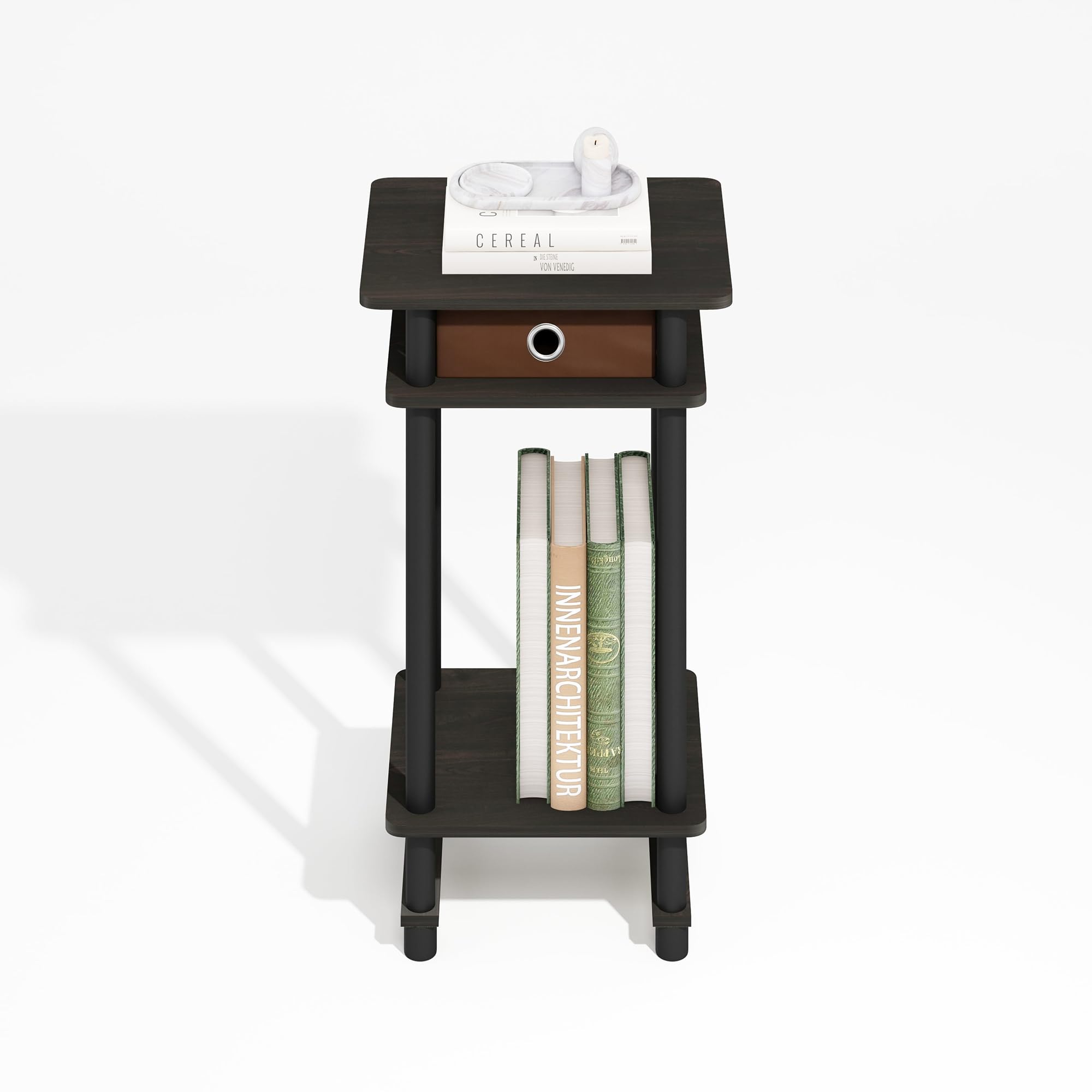 Furinno Turn-N-Tube Side Table, 3-Tier End Table with Storage Bin, Open Shelf Night Stand, Bedside Table, Toolless Assembly, for Living Room, Bedroom, Black Espresso