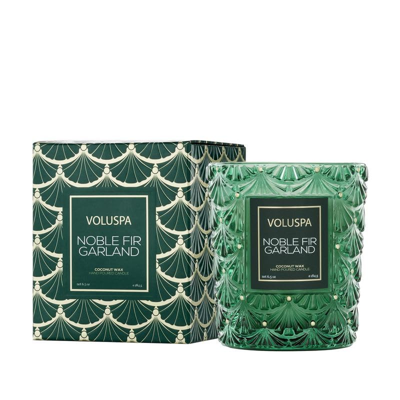 Voluspa Noble Fir Garland Boxed Candle, 6.5 oz, Coconut Wax Blend, Scented Candles for Home, 40 Hour Burn Time, Handcrafted in the USA