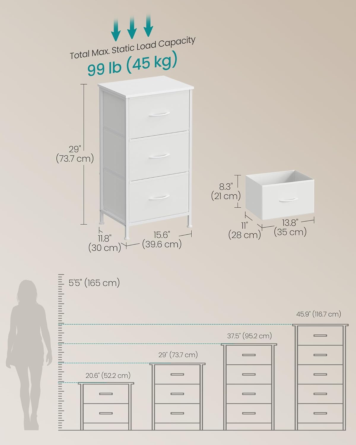 SONGMICS Dresser - Stylish Chest of Drawers with 3 Non-Woven Fabric Bins | Cloud White & Snow White