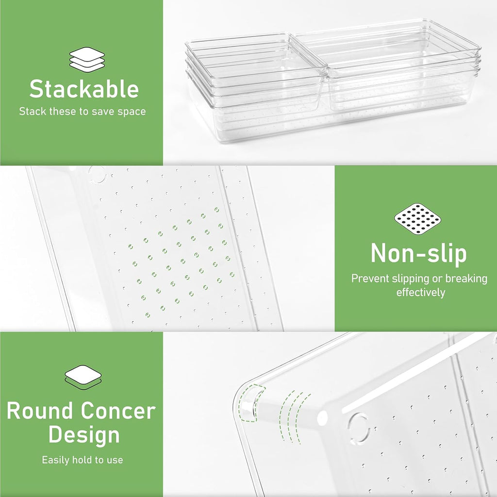 Skiennix Clear Plastic Drawer Organizer Tray - 6 PCS Large Size for Bathroom, Vanity & Office | 12'' Bins