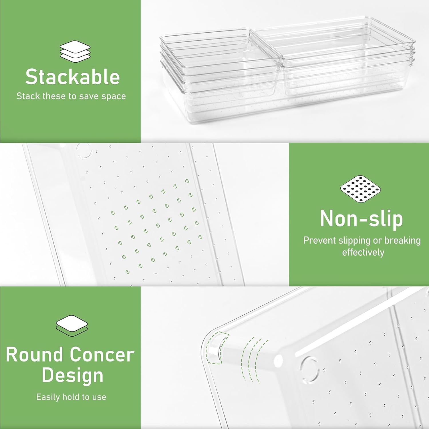 Skiennix Clear Plastic Drawer Organizer Tray - 6 PCS Large Size for Bathroom, Vanity & Office | 12'' Bins