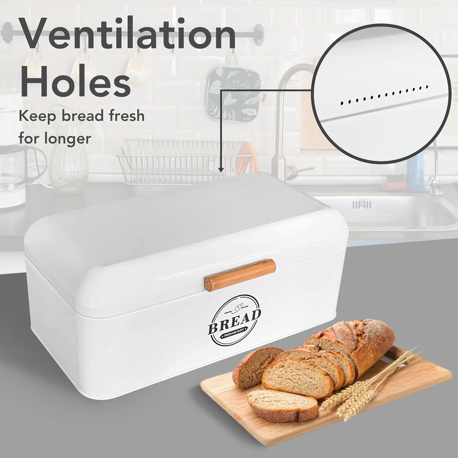 SOTECH Large White Bread Box with Lid,Farmhouse Bread Box in White Metal Extra Large Bread Storage Container for Kitchen Countertop and Room Decor