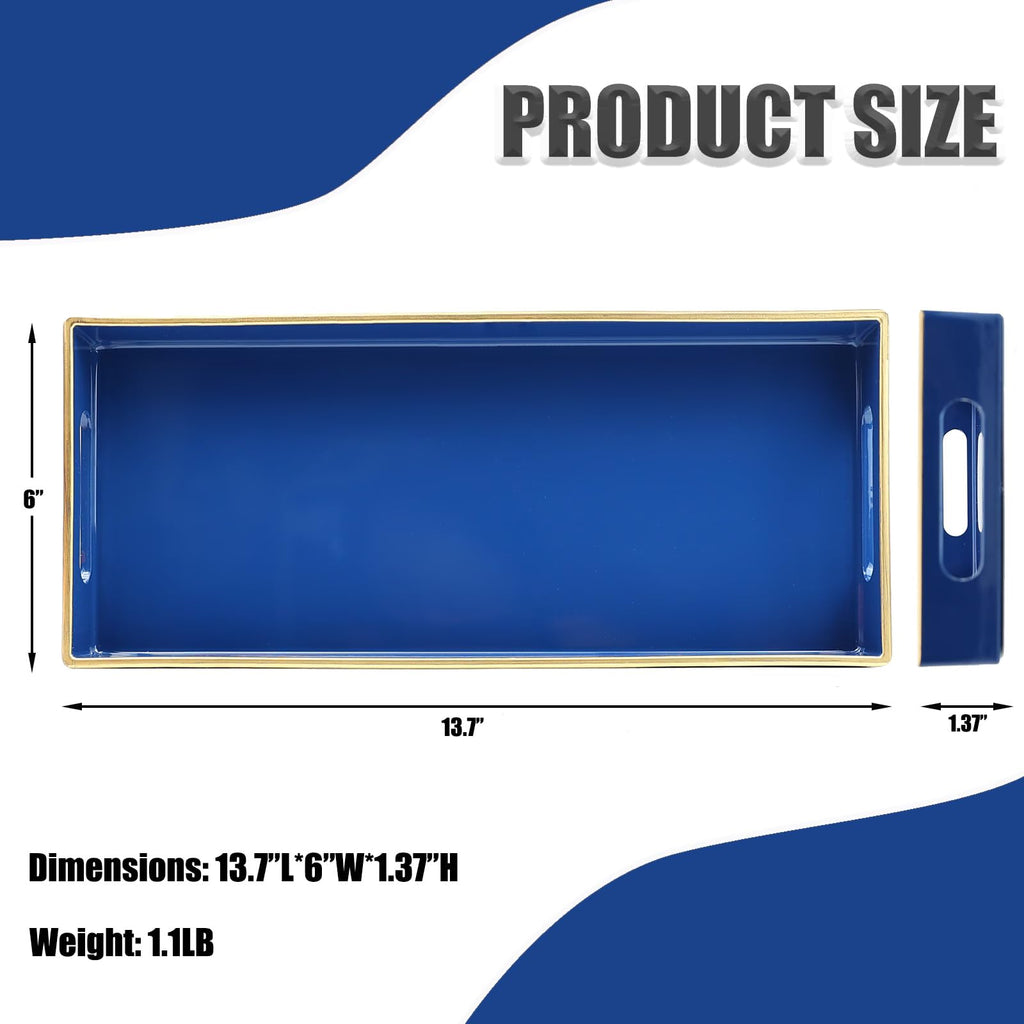 Leemxiiny Blue Bathroom Vanity Tray for Countertop, Small Plastic Toilet Tank Versatile Storage & Organization Tray for Makeup, Perfume, Desk, Kitchen, Candles, 13.7"x6"x1.4", 35HB