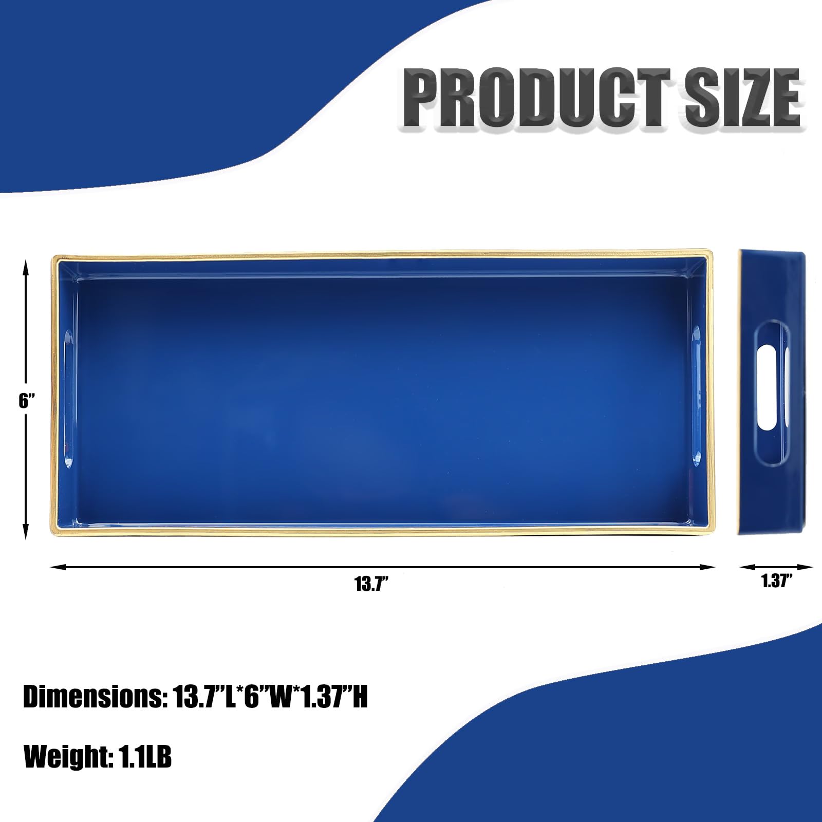 Leemxiiny Blue Bathroom Vanity Tray for Countertop, Small Plastic Toilet Tank Versatile Storage & Organization Tray for Makeup, Perfume, Desk, Kitchen, Candles, 13.7"x6"x1.4", 35HB