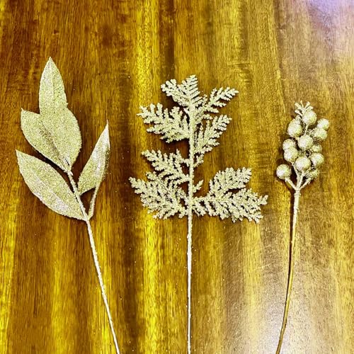 24pcs Gold Glitter Artificial Cedar Stems for Christmas Decor
