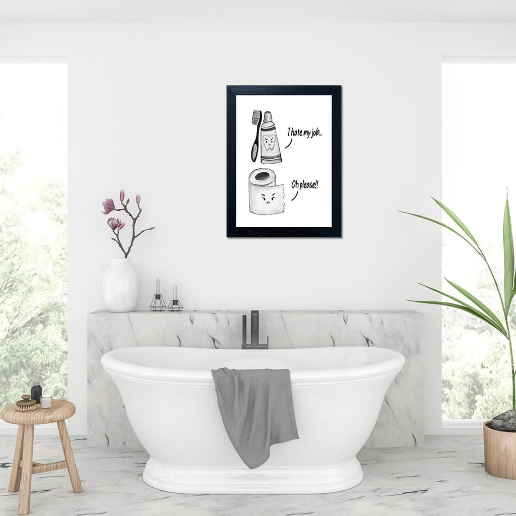 Regine Switzerland Kids Bathroom Decor - Funny Black and White Wall Art Print | Framed Toilet Paper & Toothbrush Design
