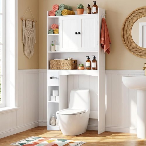 Gizoon Over The Toilet Storage Cabinet - 66'' Tall Bathroom Organizer with 2 Doors & Adjustable Shelf - White