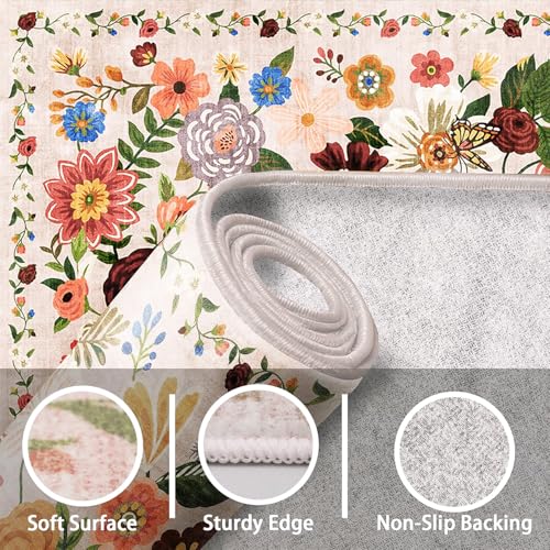 Babovid Floral Area Rug, 1'4" x 2' Blush Beige Non-Slip Washable Door Mat