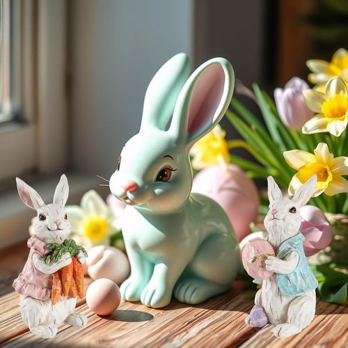 GoGnome Easter Bunny Figurines - Hand-Painted Resin Rabbits with Carrots & Eggs | Set of 2 (White)