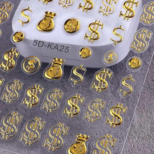 5D Gold Nail Stickers Embossed Dollar Design Self-Adhesive Decals
