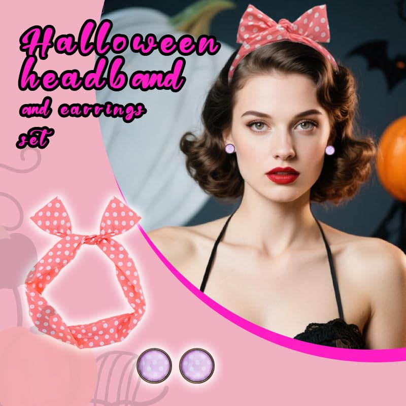 50s Pink Polka Dot Bow Headband and Retro Earrings Costume Set
