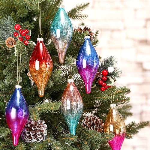 Colorful Neon Glass Christmas Ornaments Set - Mercury Glass Finials with Gradient Finish, 6 Pack