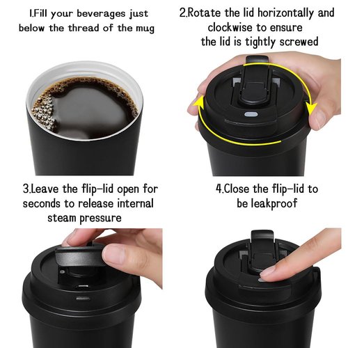 Funkrin Coffee Travel Mug with Straw & Flip Lid, 16oz Insulated Tumbler Cup with Ceramic Coating, Double Wall Vacuum Leak-Proof Mug for Office School Party Camping