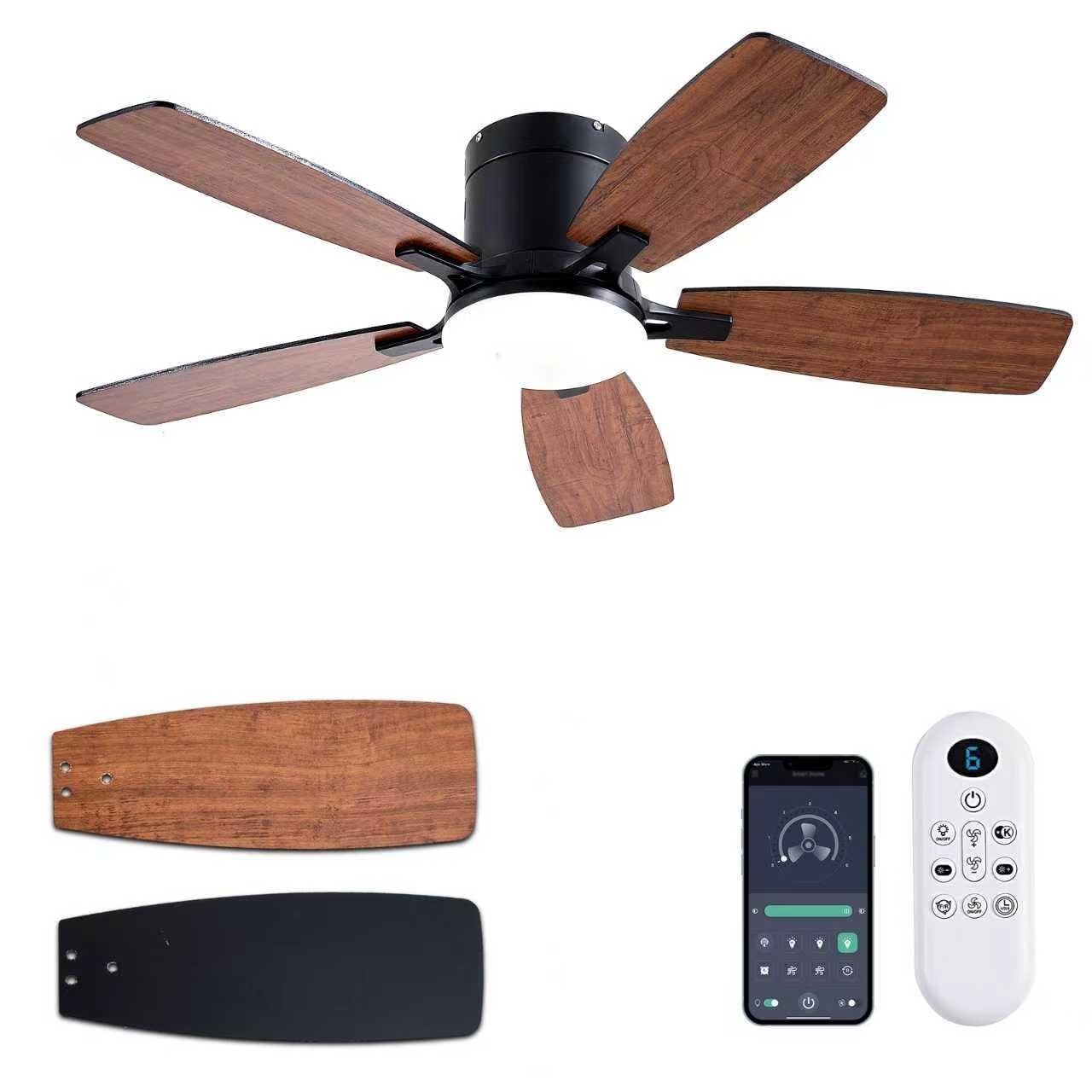 Ayaoty Ceiling Fans with Lights, 42 inch Low Profile Ceiling Fan with Light and Remote Control, Flush Mount, LED Dimmable DC Reversible Modern Ceiling Fan for Bedroom