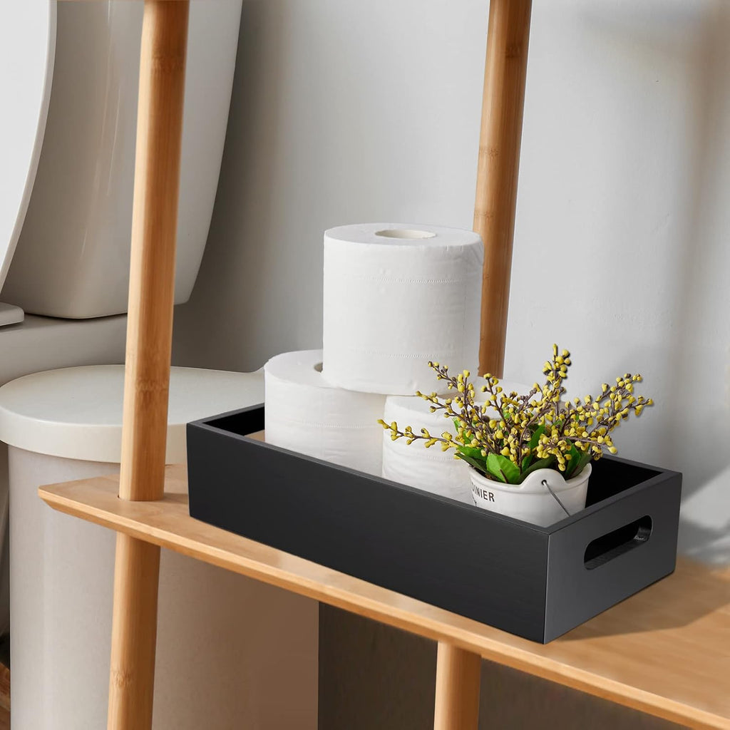 ALELION Black Bathroom Basket - Wooden Toilet Tank Paper Organizer with Handle | Stylish Storage Solution for Bathroom Decor