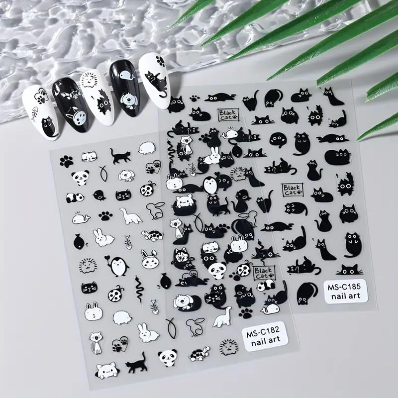 Cat & Panda 3D Self-Adhesive Nail Art Decals - 4 Sheets Cute Animal Stickers