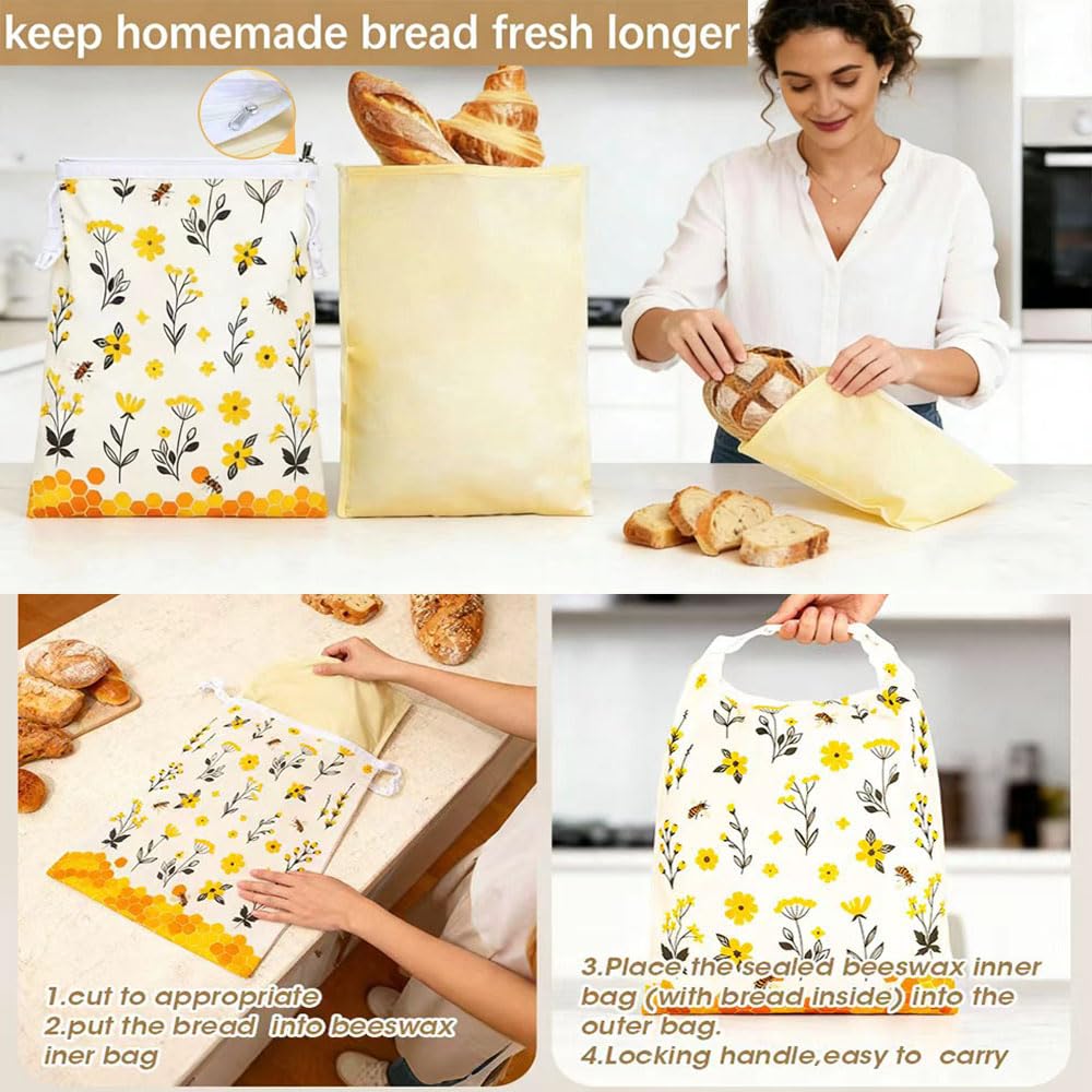 Reusable Beeswax Bread Bags for Homemade Bread & Sourdough, 2 Removable Natural Beeswax Storage Bags and 1 cotton hand pocket, Food-Safe Storage Bag to keeping Loaves fresh longer
