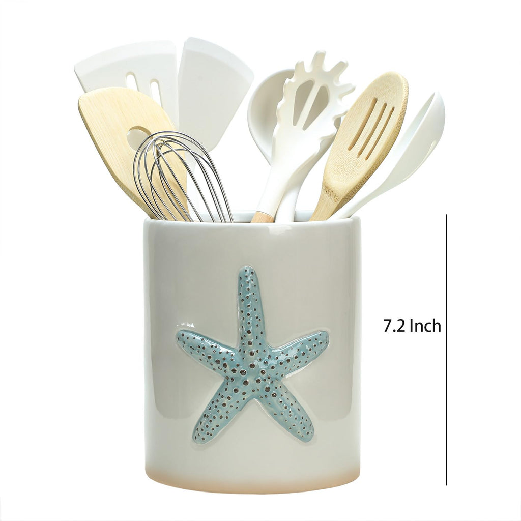 Bicuzat Ceramic Starfish Embossed Utensil Holder, Large Cooking Utensil Crocks for Countertop, Ocean Style Utensil Organizer for Spatula