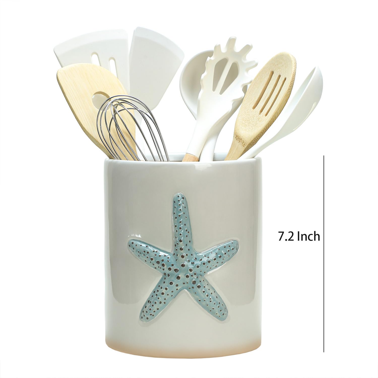 Bicuzat Ceramic Starfish Embossed Utensil Holder, Large Cooking Utensil Crocks for Countertop, Ocean Style Utensil Organizer for Spatula