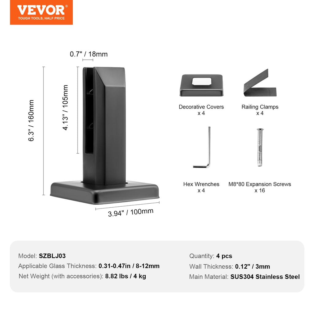 VEVOR Square Glass Railing Bracket - 4 PCS, 304 Stainless Steel, 5/16"-1/2" (8-12mm) Glass Clamp for Balcony, Garden, Deck, Stair