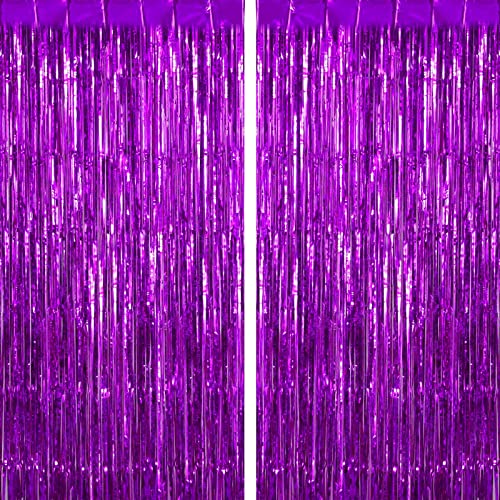 2 Pack Purple Foil Fringe Curtains - 3.28 x 8 ft Backdrop for Parties