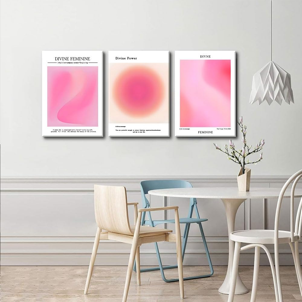 Trendy Aesthetic Canvas Wall Art Set of 3 - Pink Gradient Aura Angel Posters | Framed 12x16 Inch Decor