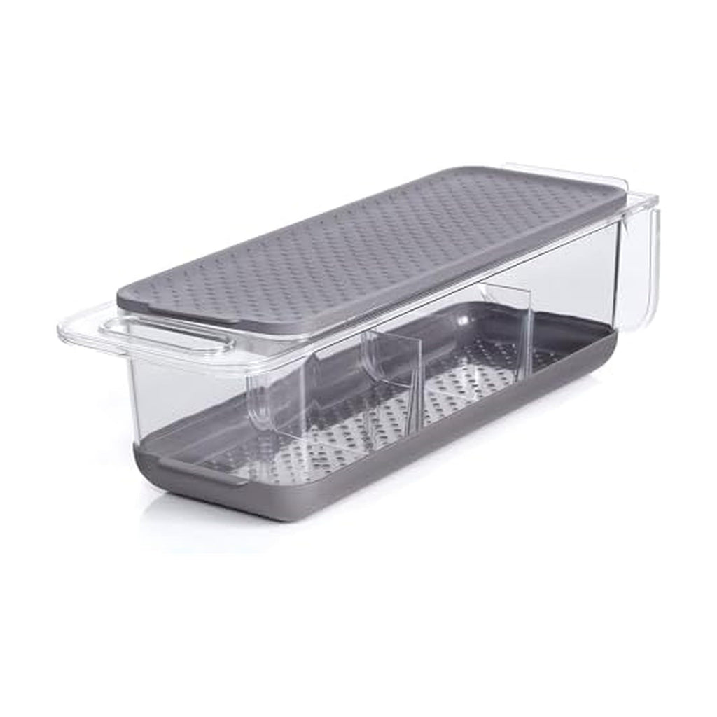 Copco Over the Sink Colander and Fridge Storage Bin with Folding Handle for Rinsing and Storing Fruits and Vegetables, Clear/Gray