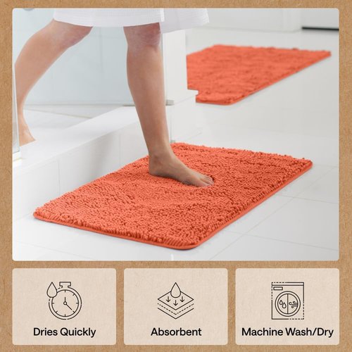 GORILLA GRIP Bath Rug Mat - Thick Soft Absorbent Chenille | Quick Dry Microfiber, 44x26 Coral
