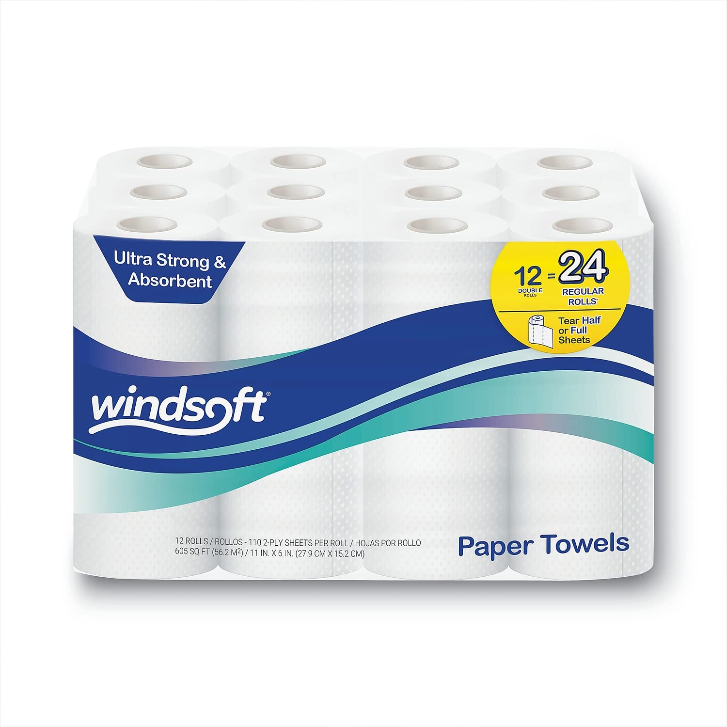 Windsoft Premium Paper Towels - 12-Pack Double Rolls | 110 Sheets Per Roll, 2-Ply, Enhanced Absorbency
