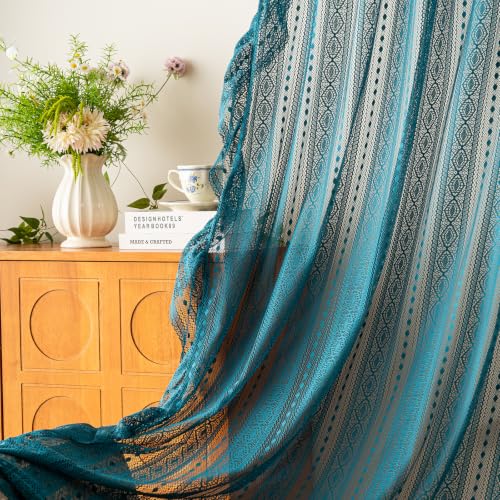 Teal Boho Sheer Lace Curtains 50W x 96L Pair – Geometric Crochet Drapes for Bedroom & Holiday Decor