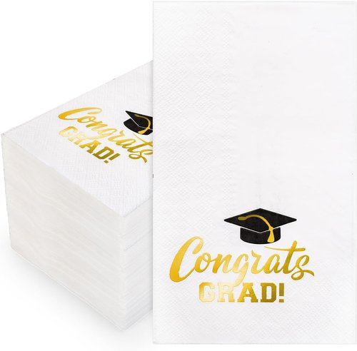 FYSUIMU Graduation Guest Napkins - 50 Pcs Gold Foil Congrats Grad Cap Design | Disposable Dinner Paper Towels