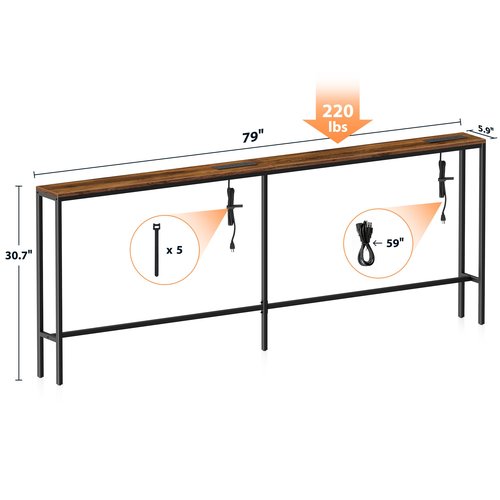 Bathola Narrow Sofa Table with 2 Power Outlets, 79” Thin Console Tables Narrow Long, Behind Couch Table Skinny, Wood Console Tables for Entryway, Living Room, Hallway, Foyer, Rustic Brown
