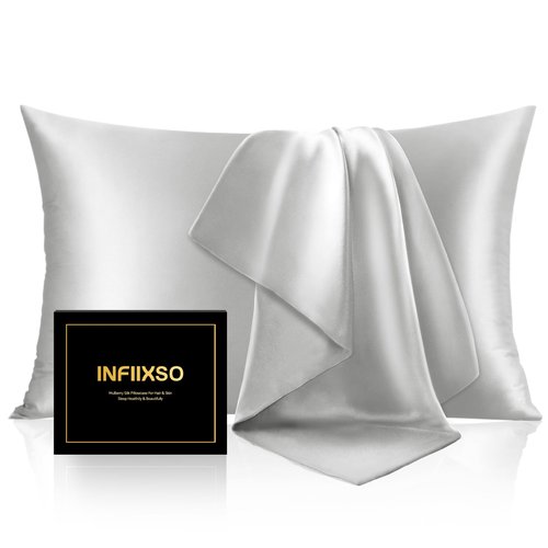 INFIIXSO Mulberry Silk Pillow Cases King Size Set of 2, Silk Pillowcase with Hidden Zipper 20"x36", Extraordinary Smooth and Soft Pillow Case for Hair and Skin(Light Grey, 2 Pack)