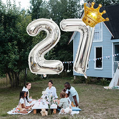 32-Inch Silver Number 27 Balloon with Mini Crown for Birthday Parties
