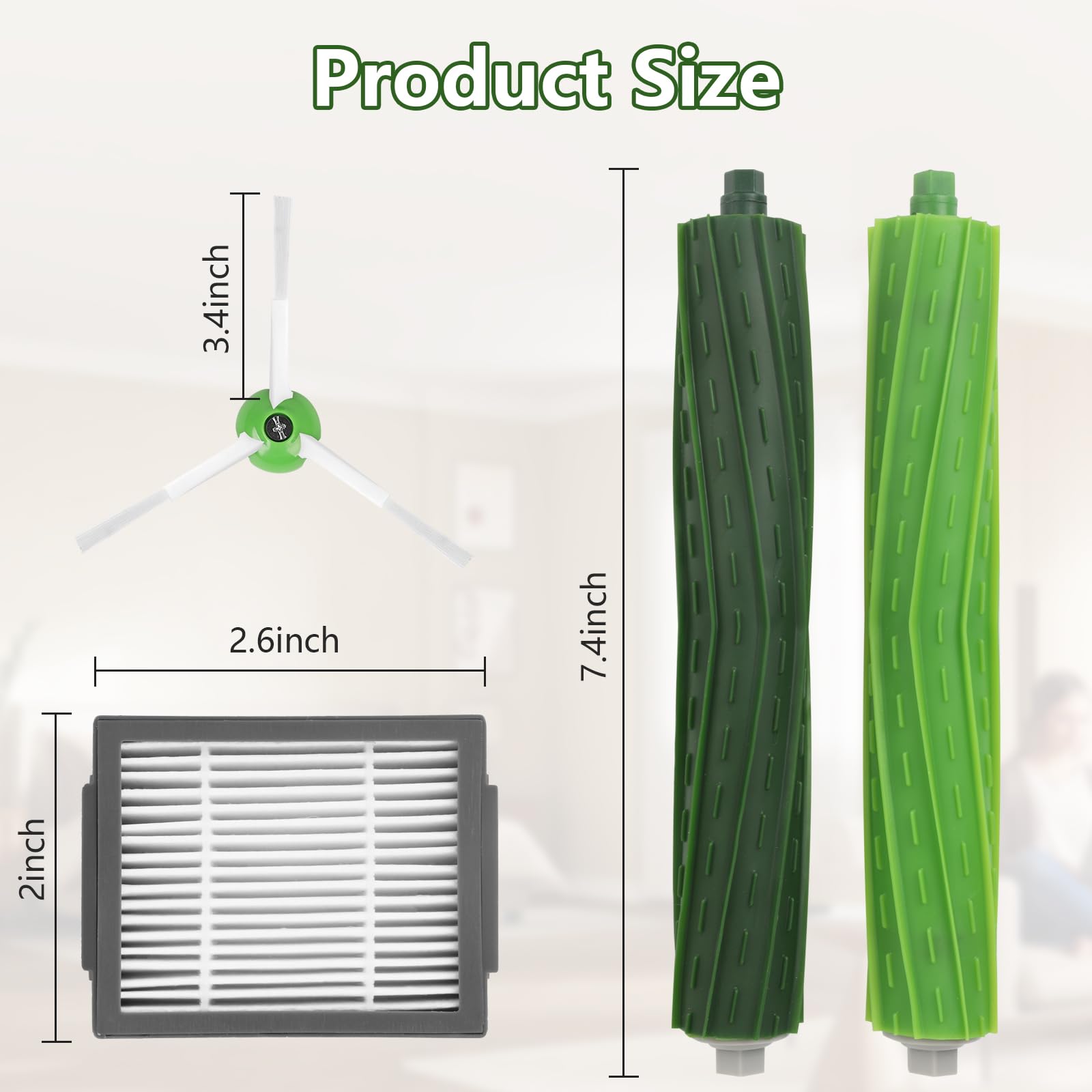 Replacement Accessories for iRobot Roomba E, I & J Series i7 i7+ E5 E6 E7 i2 i3 i3+ i4 i4+ i6 i6+ i8 i8+/Plus,1 Set Rubber Brushes, 4 HEPA Filters,6 Side Brushes, 1Caster Wheel ﻿