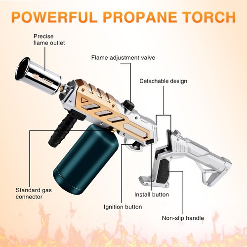 ARTFLAMM Powerful Propane Torch Gun, Kitchen Grill Torch with Detachable Design, Adjustable Flamethrower Torch Burner for Searing Steak, BBQ, Welding, Camping Charcoal Lighter(Tank Not Included)