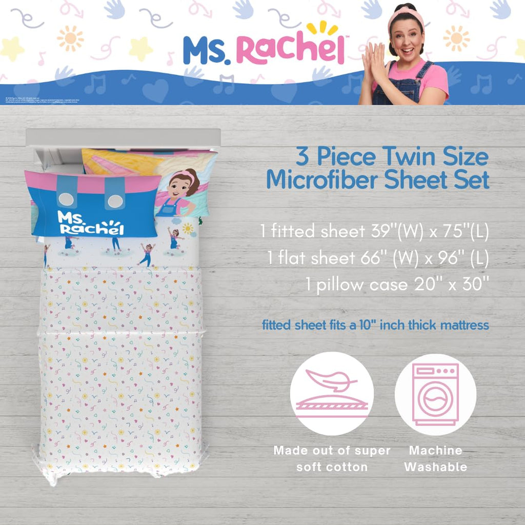 Ms. Rachel Educational Adventures Bedding Super Soft Cozy 3 Piece Microfiber Sheet Set, Twin, (Officially Licensed Product) By Franco Kids