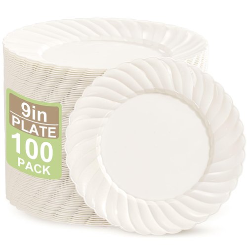 U-QE 100 Count 9 Inch Ivory Plastic Plates for Party - Scalloped Disposable Dinner Plates - Premium Hard Fancy Disposable Heavy Duty Party Supplies for Birthdays, Celebrations, Weddings and Events