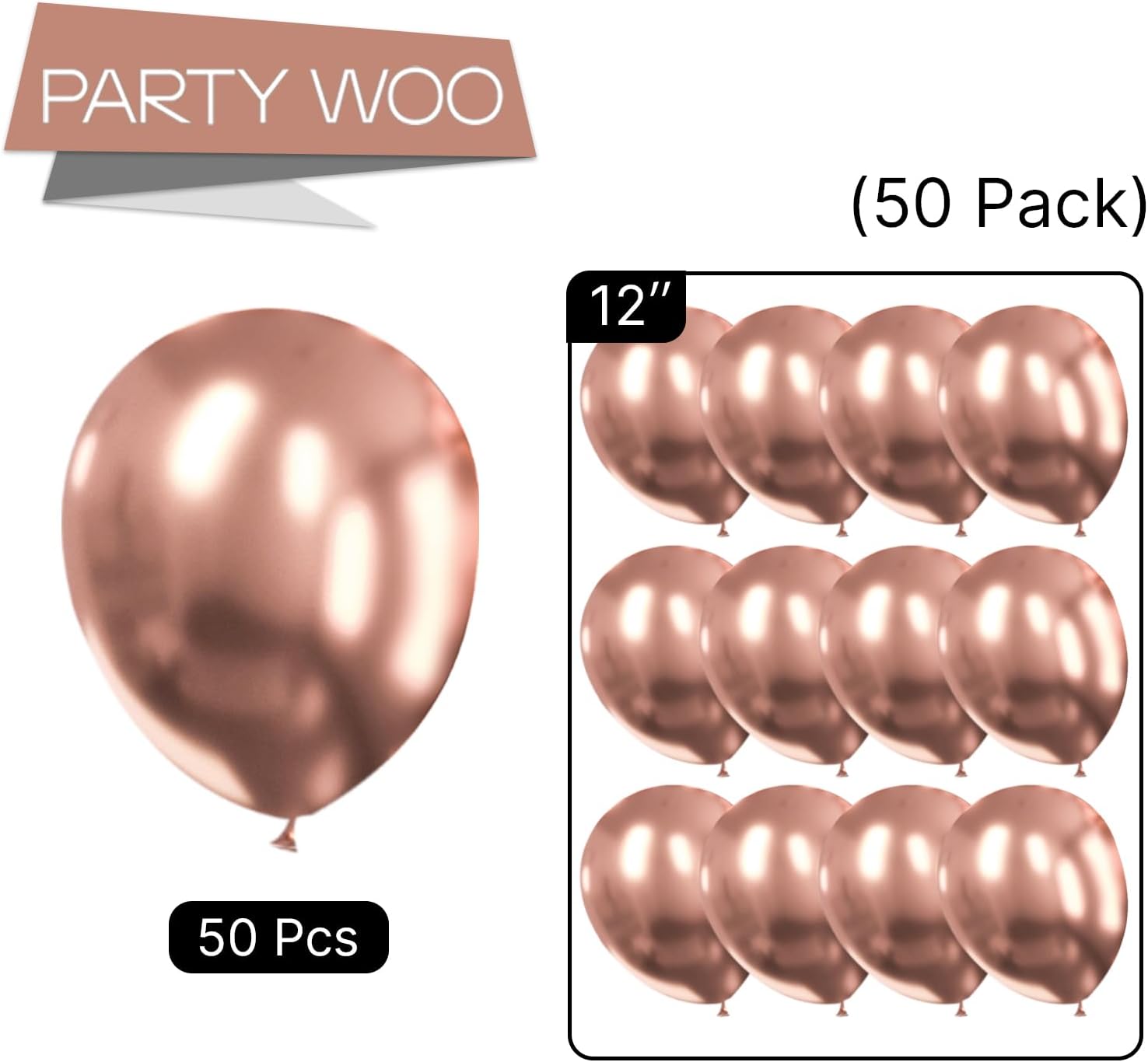 PartyWoo Rose Gold Balloons - 50pcs 12 Inch Metallic Chrome for Weddings & Celebrations