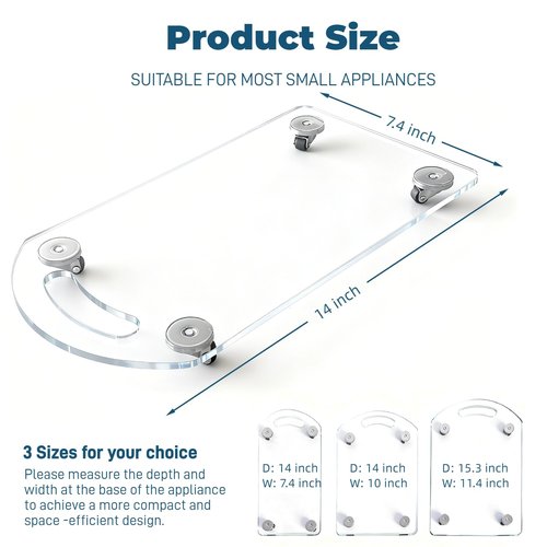 BiJun 360° Rolling Sliding Tray for Coffee Maker, Clear Acrylic Appliance Sliders for Kitchen Appliances, Coffee Pot Slider Tray for Countertop Appliances, Espresso Machines, Blenders (7.4"×14")