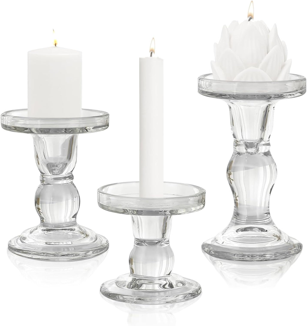 Skiennix Glass Candle Holders - Elegant 3-Piece Crystal Clear Design for Pillar & Taper Candles