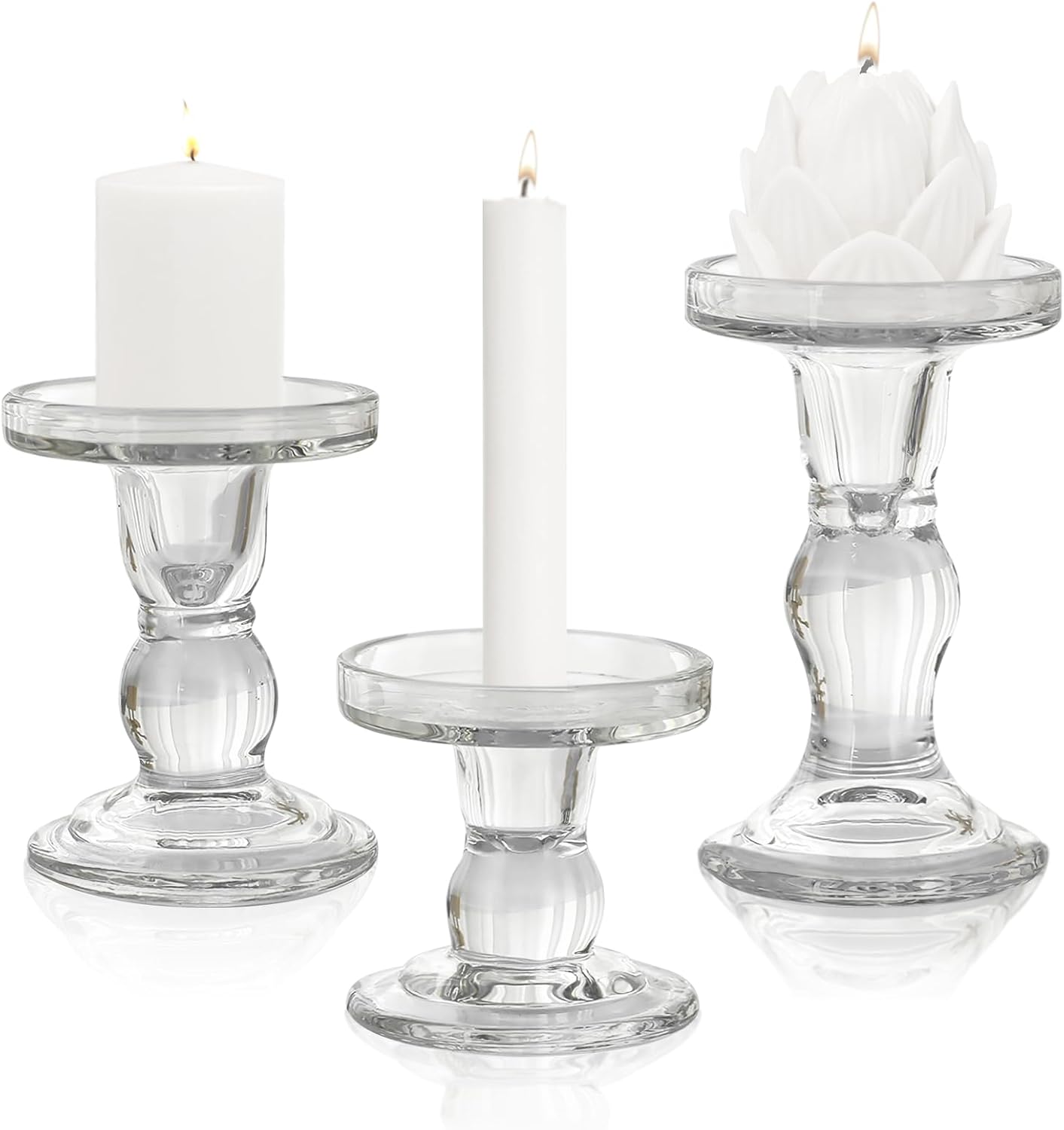 Skiennix Glass Candle Holders - Elegant 3-Piece Crystal Clear Design for Pillar & Taper Candles