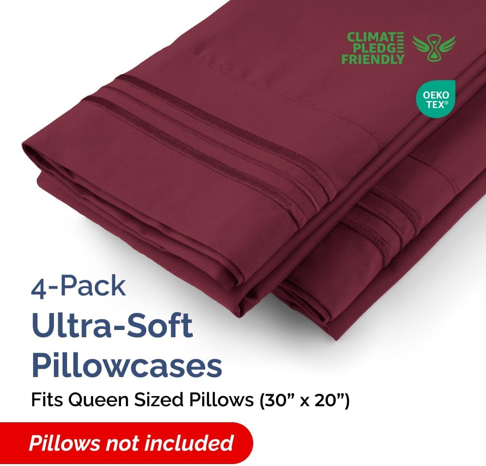 Queen Pillow Cases Set of 4 - Ultra Soft Hotel Quality Covers | Wrinkle-Free, Stain & Fade Resistant - Burgundy