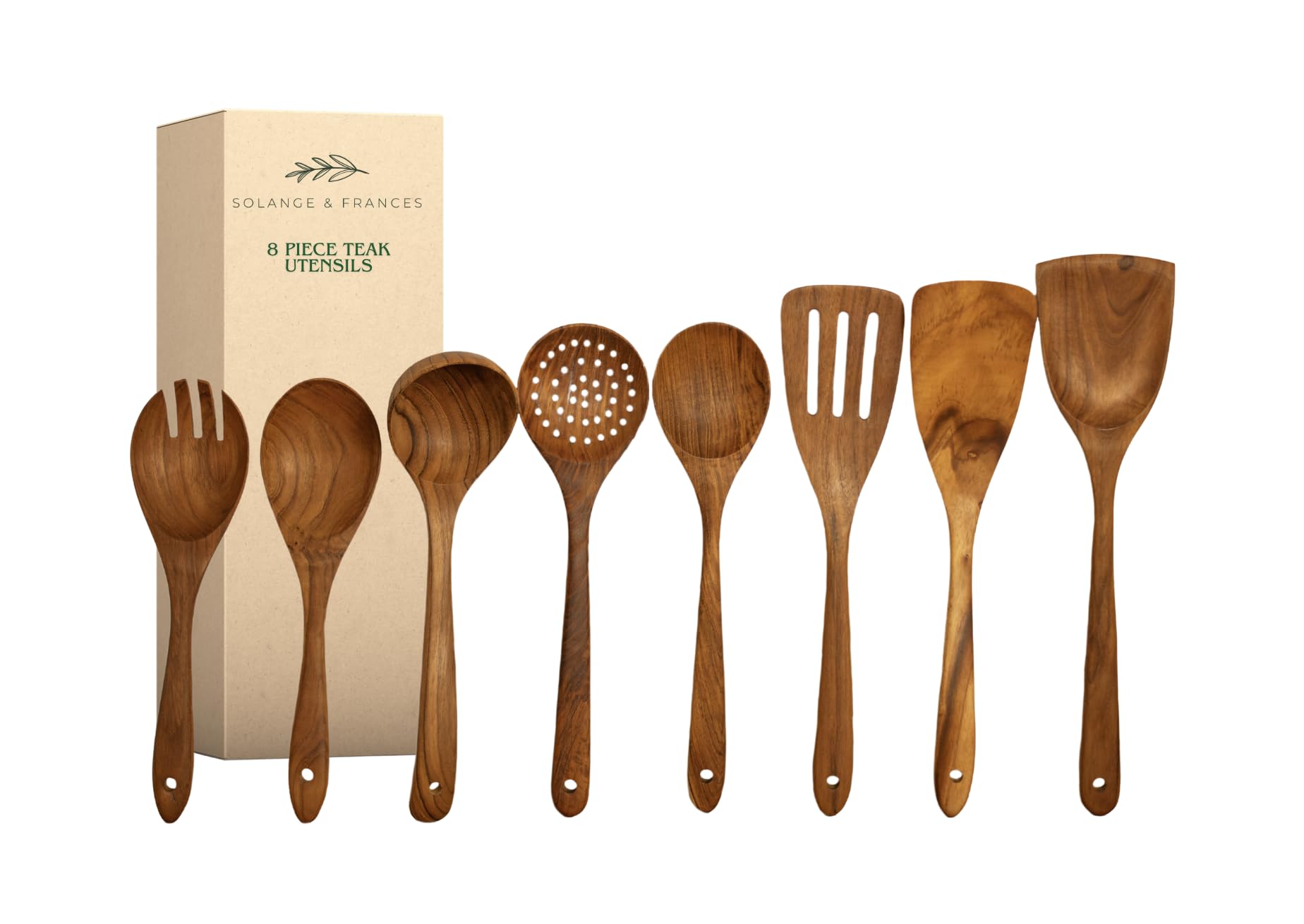 Solange & Frances Teak Wooden Utensil Set. Premium Cooking Utensils, and Non Toxic Cooking Utensils. Unique Gift for Women, Gift for Mom, Gifts for Grandma, or Gifts for Women Who Have Everything