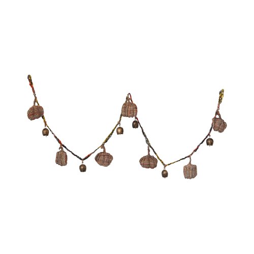 Creative Co-Op Decorative Hand-Woven Mélange Fabric Pumpkin and Metal Bell Garland, Multicolor and Antique Gold Finish