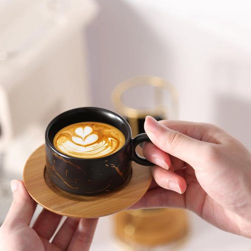 LURRIER Espresso Cup Set - Stackable 3 Ounce Porcelain Mugs with Saucer & Metal Stand | Black (Set of 4)