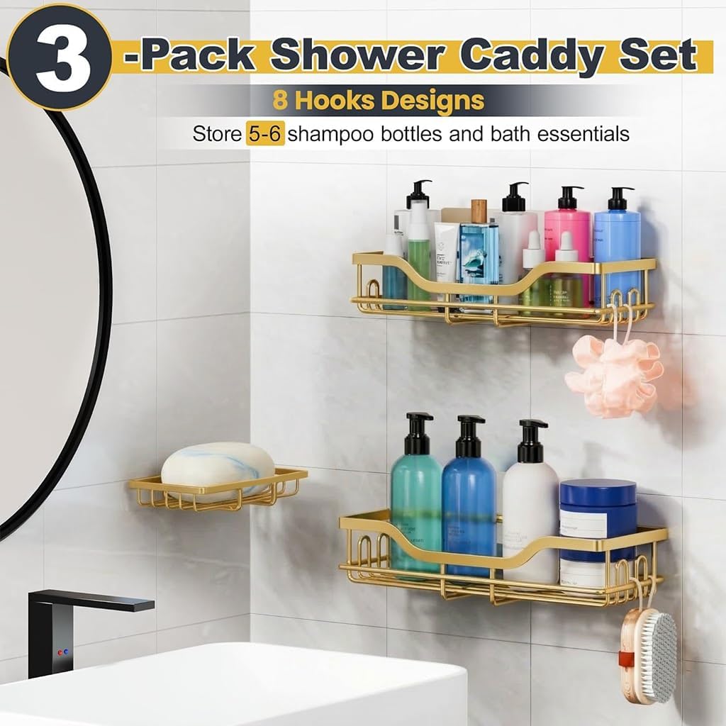 Omaira Shower Caddy - 3-Pack Rustproof No-Drill Organizer with Soap Holder | Gold Finish for Smooth Walls